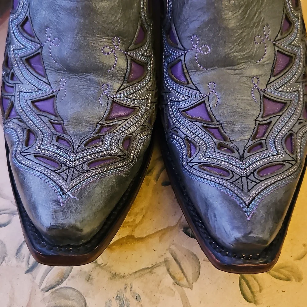 Lucchese All Leather Western Boots Grey, Purple Inlay 9.5 B - Picture 2 of 10